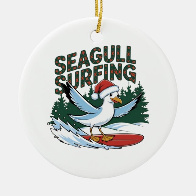 Winter Surfer Seagull, Christmas Seagull  Ceramic Tree Decoration (Front)
