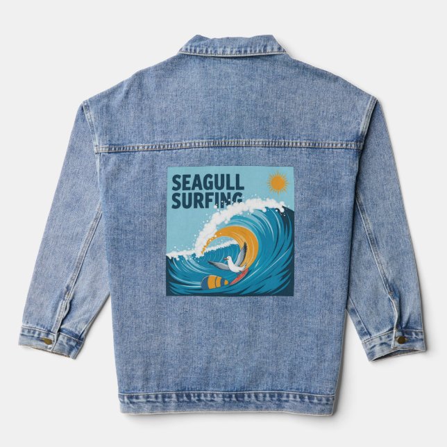 Winter Surfer Seagull, Seagull Surfing Denim Jacket (Back)
