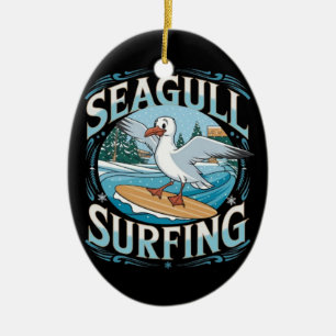 Winter Surfer Seagull, Seagull Surfing, Seagull  T Ceramic Tree Decoration