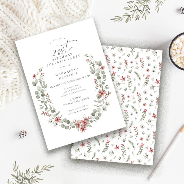 Winter Surprise Party Greenery 21st Birthday Invitation (Creator Uploaded)