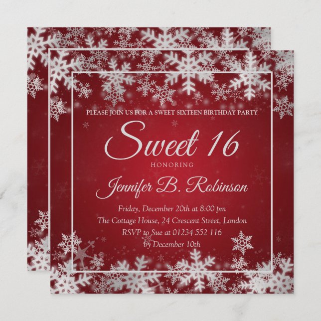 Winter Sweet 16 Birthday Red Silver Snowflakes Invitation (Front/Back)