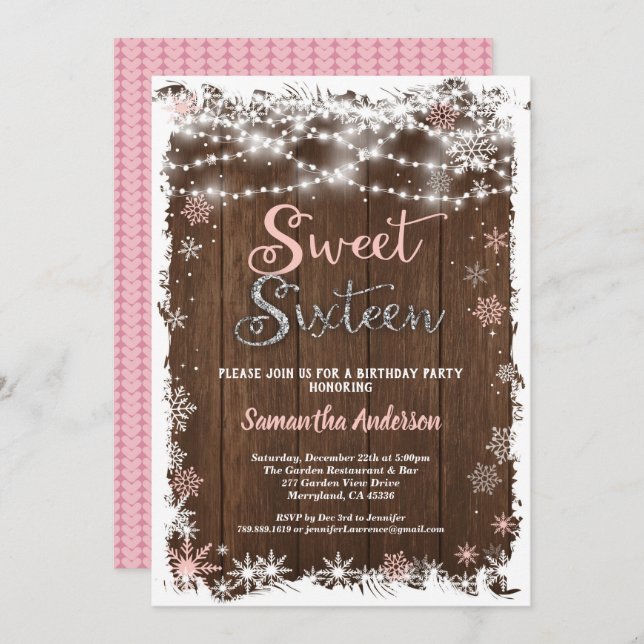 Winter sweet 16 sixteen snowflake rustic wood invitation (Front/Back)