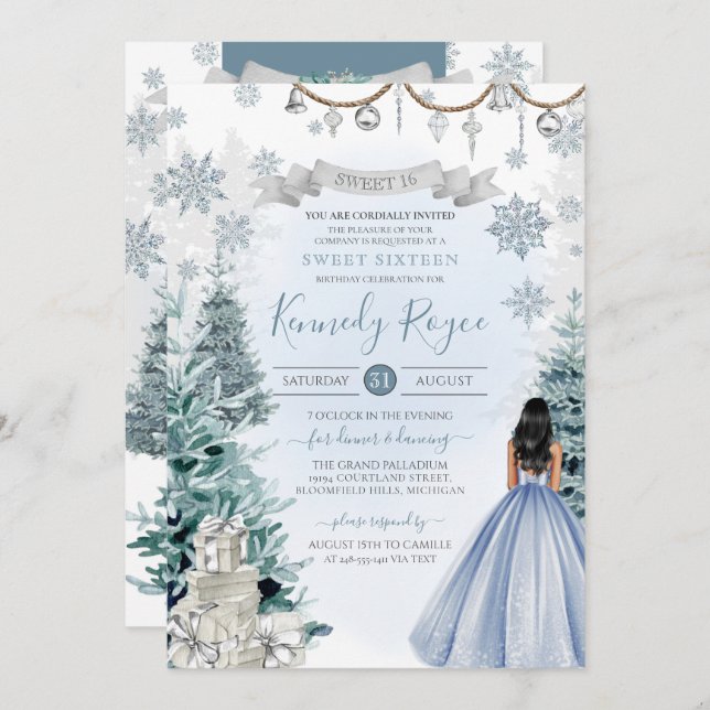 Winter Sweet Sixteen Silver Light Blue Snowflakes Invitation (Front/Back)