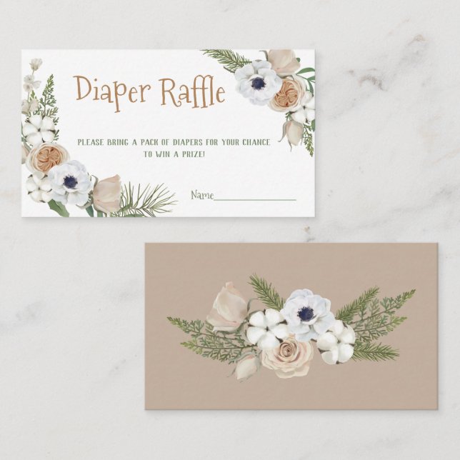 Winter Taupe Floral Diaper Raffle Baby Shower Game Business Card (Front/Back)