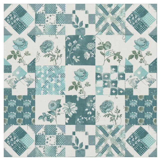 Winter Teal Blue Patchwork Vintage Quilt Fabric (Close Up)