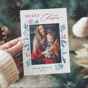 Winter Teal Leaves Floral Berries Christmas Photo Holiday Card