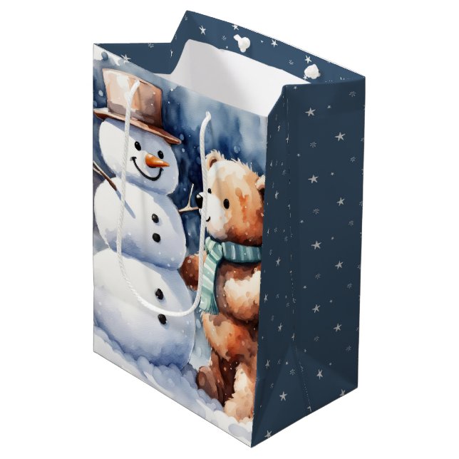 Winter Teddy Bear And Snowman Medium Gift Bag (Front Angled)