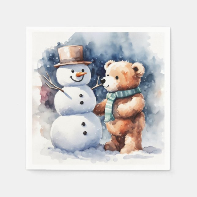 Winter Teddy Bear And Snowman Napkin (Front)