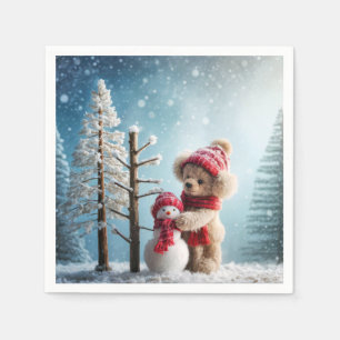 Winter Teddy Bear and Snowman Napkin