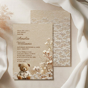 Winter Teddy Bear Baby Shower Cotton Flowers Invitation