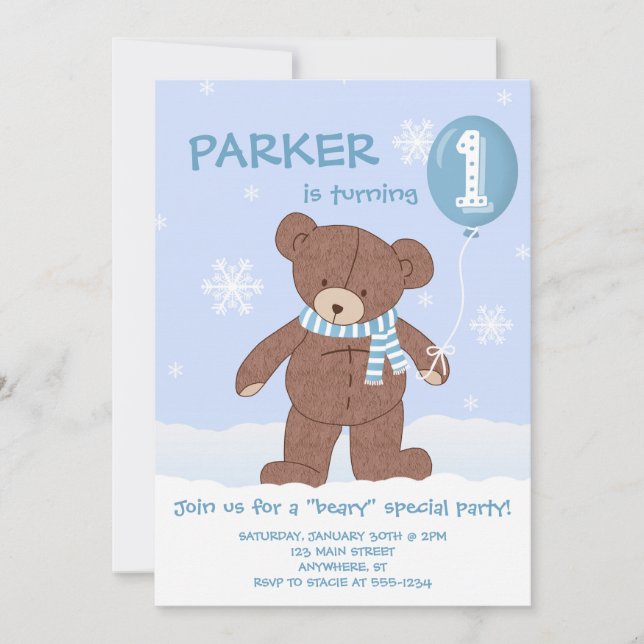 Winter Teddy Bear Balloon 1st Birthday Invitation (Front)
