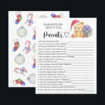 Winter teddy bear - games about the parents<br><div class="desc">"There's a Beary Sweet baby on the way". Celebrate with this teddy bear themed baby shower party! Watercolor cute teddy bear with christmas gift,  in santa hat. On the reverse side of the card are holiday christmas pattern (candy cane,  christmas tree ball toy,  christmas socks). Matching items available.</div>