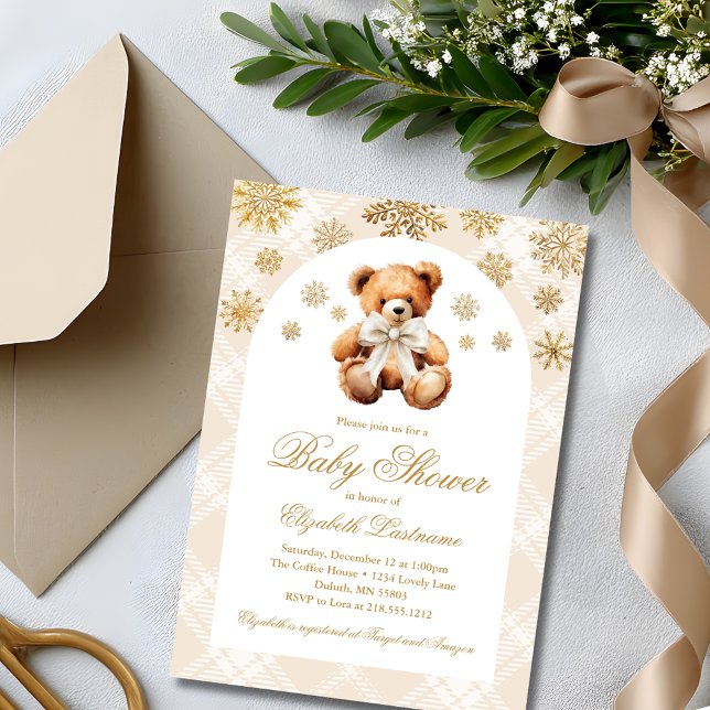 Winter Teddy Bear Holiday Baby Shower Invitation (Classic Teddy Bear Ivory Plaid Preppy Baby Shower Invitation)