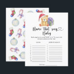 Winter teddy bear - Name that Baby Song<br><div class="desc">"There's a Beary Sweet baby on the way". Celebrate with this teddy bear themed baby shower party! Watercolor cute teddy bear with christmas gift,  in santa hat. On the reverse side of the card are holiday christmas pattern (candy cane,  christmas tree ball toy,  christmas socks). Matching items available.</div>