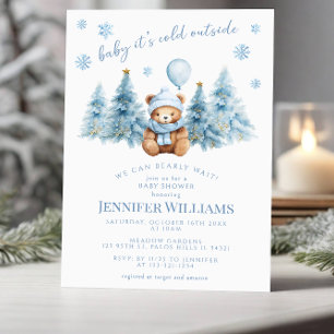 Winter Teddy Bear Pine Trees Baby Boy Shower Invitation