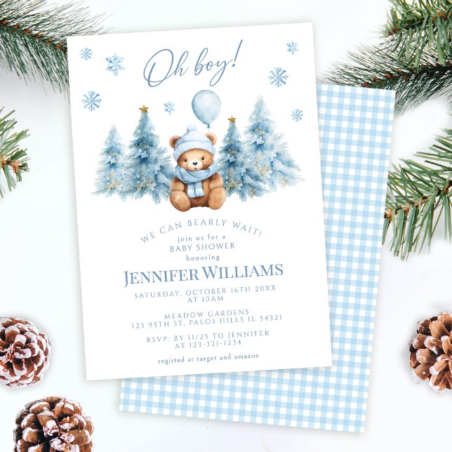 Winter Teddy Bear Pine Trees Oh Boy Baby Shower Invitation (Creator Uploaded)