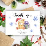 Winter teddy bear - thank you<br><div class="desc">"Thank you". Celebrate with this winter teddy bear themed baby shower party!
Watercolor cute teddy bear with christmas gift,  in santa hat. On the reverse side of the card are holiday christmas pattern (candy cane,  christmas tree ball toy,  christmas socks).
Matching items available.</div>