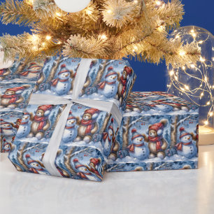 Winter Teddy Bear With Snowman Wrapping Paper