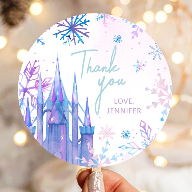 Winter Thank You Snowflakes Girl Snow Birthday Classic Round Sticker (Creator Uploaded)