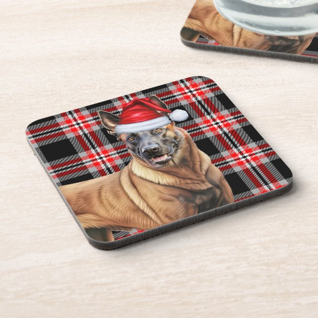 Winter Themed Belgian Malinois Red Plaid Holiday Coaster (Left Side)