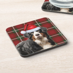 Winter Themed Bernese Mountain Dog Holiday Plaid Coaster