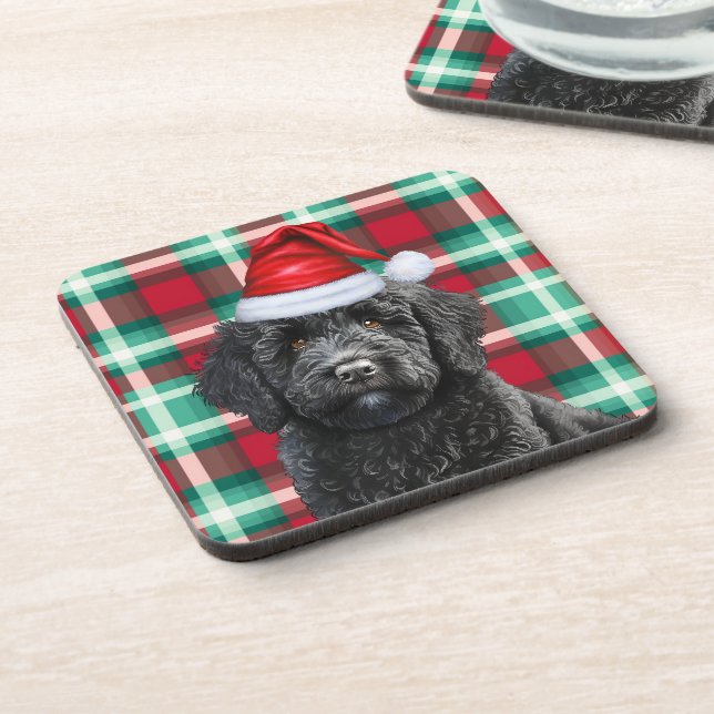 Winter Themed Black Labradoodle Holiday Plaid Coaster (Left Side)