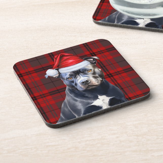 Winter Themed Bluenose Pitbull Red Holiday Plaid Coaster (Left Side)