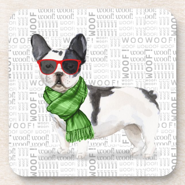 Winter Themed Boston Terrier with Woof Word Art Coaster (Front)