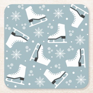 Winter themed pattern with ice skates square paper coaster