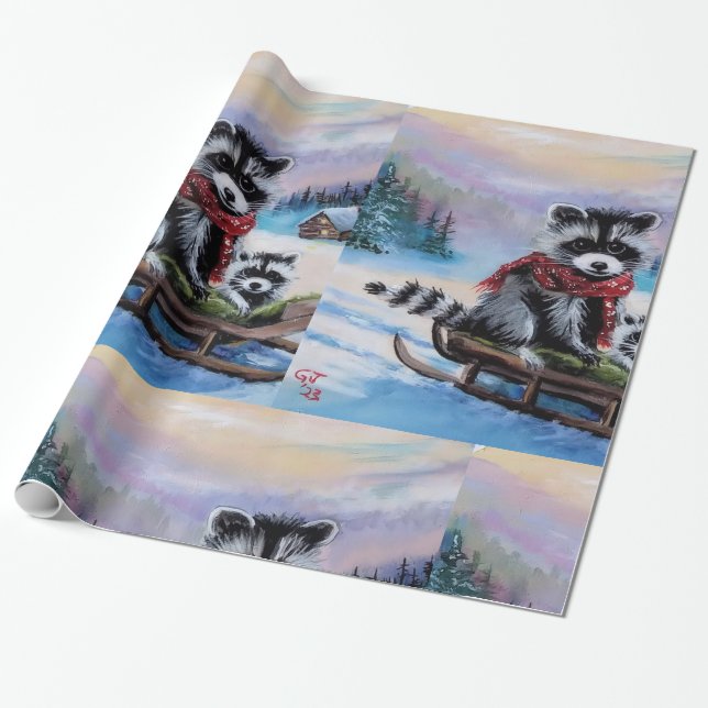 Winter themed racoon original art Wrapping Paper (Unrolled)