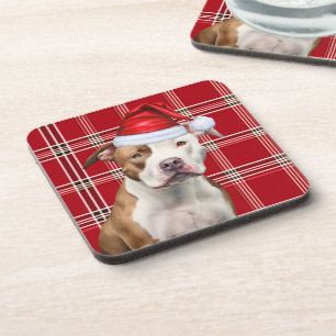 Winter Themed Staffordshire Dog Red Holiday Plaid Coaster