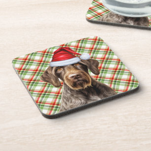 Winter Themed Wirehair Pointer Dog Holiday Plaid Coaster