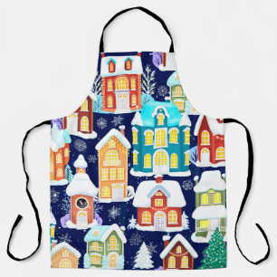 Winter town with victorian houses. Christmas theme Apron