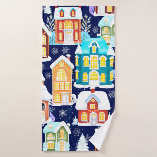 Winter town with victorian houses. Christmas theme Bath Towel