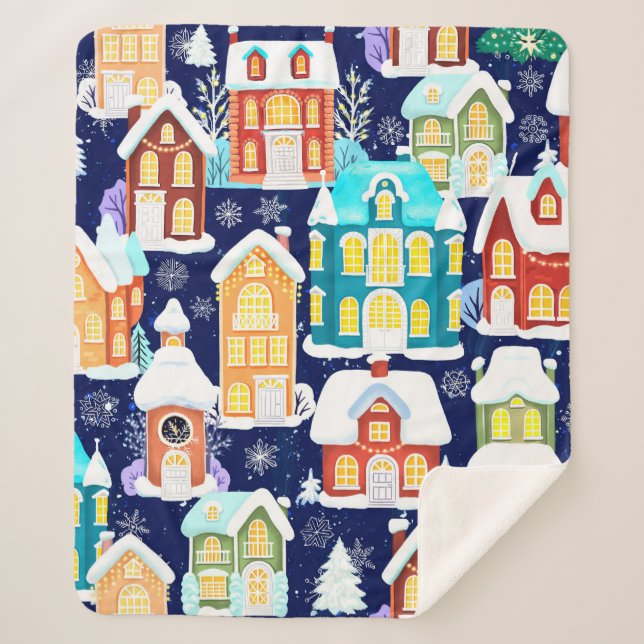 Winter town with victorian houses. Christmas theme Sherpa Blanket (Front)