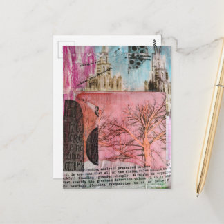 Winter Tree and Buildings Mixed Media Collage Postcard