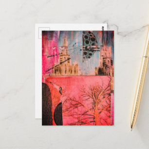 Winter Tree and Buildings Mixed Media Collage Postcard