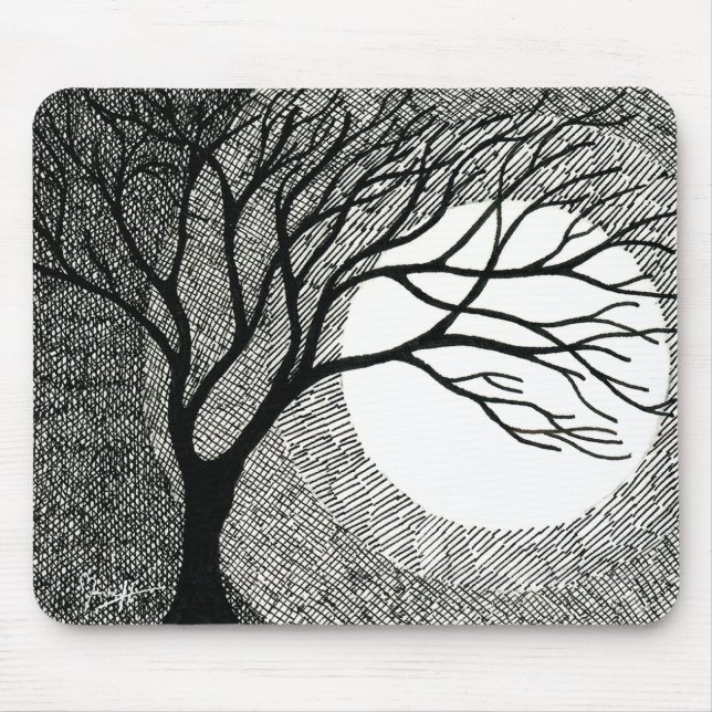 Winter Tree and Moon in Black and White Mouse Pad (Front)