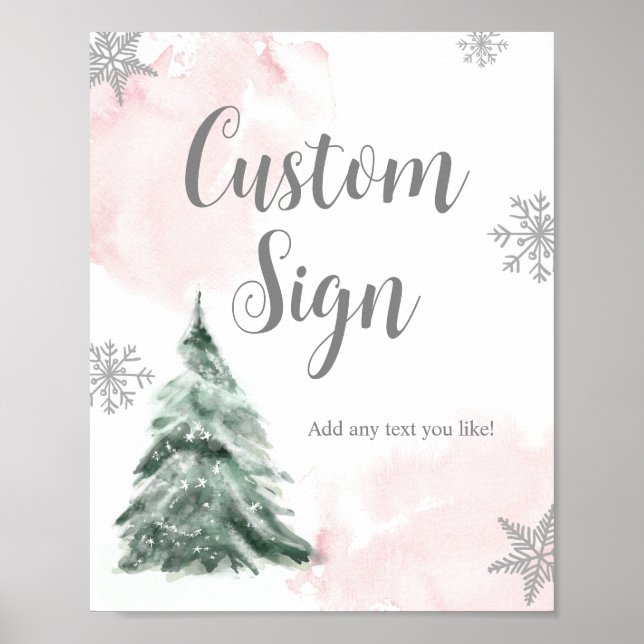 Winter Tree Watercolor Pink Silver Sign Shower (Front)