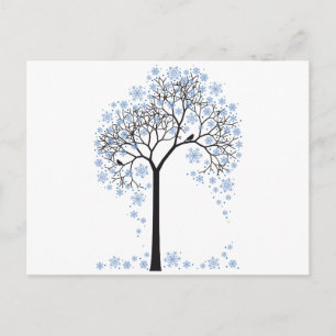 Winter tree with snowflakes and birds postcard