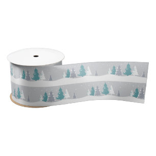 Winter Trees and Snow Light Grey Pattern Satin Ribbon
