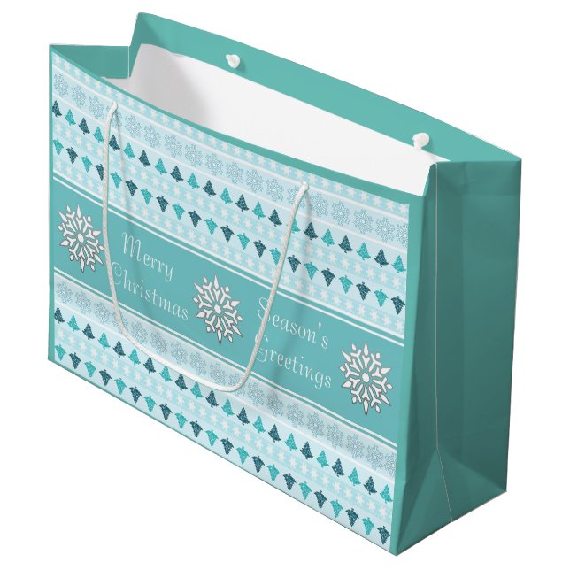 Winter Trees and Snowflakes Pattern Blue Large Gift Bag (Front Angled)