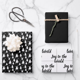 Winter Trees Black White Snow Joy to the World Wrapping Paper Sheet