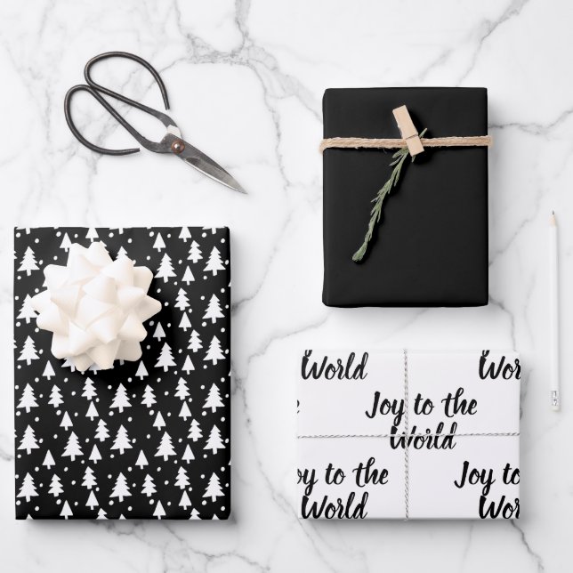 Winter Trees Black White Snow Joy to the World Wrapping Paper Sheet (Front)