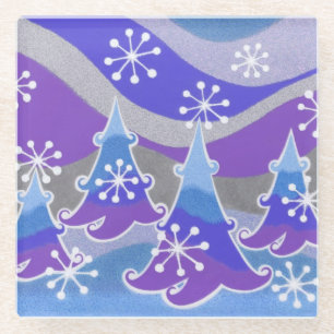Winter Trees Blue coaster glass