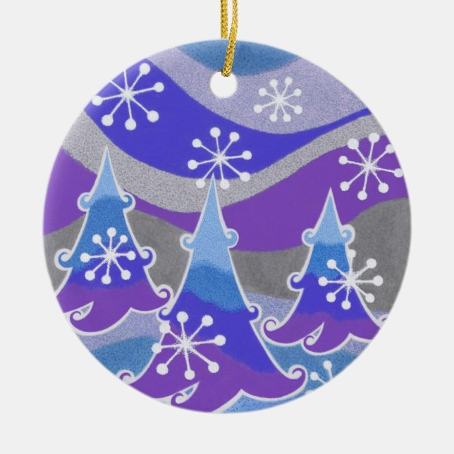 Winter Trees Blue Text ornament round (Front)