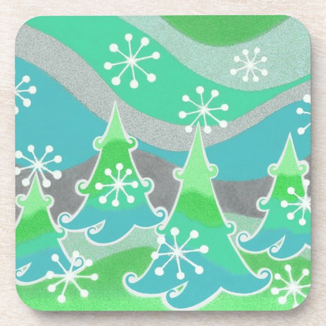 Winter Trees Green coaster set plastic (Front)