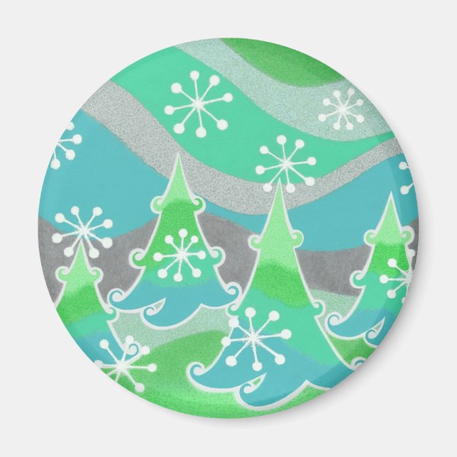 Winter Trees green fridge magnet round (Front)