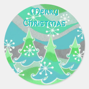 Winter Trees Green 'Merry Christmas' round sticker