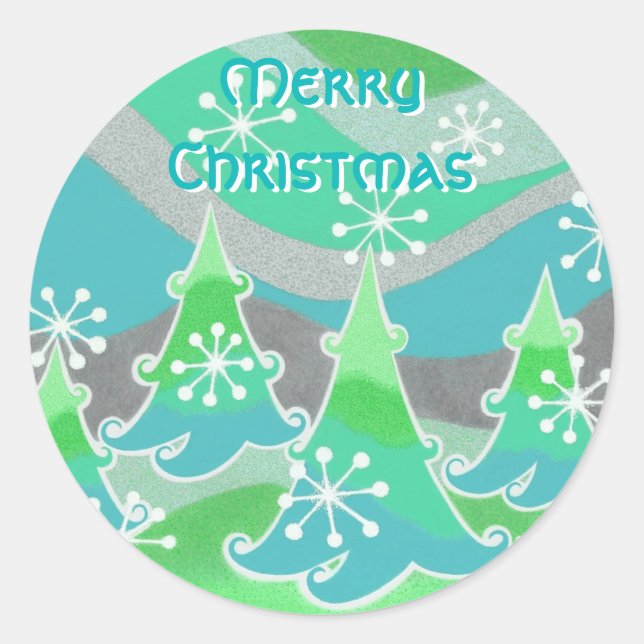 Winter Trees Green 'Merry Christmas' round sticker (Front)